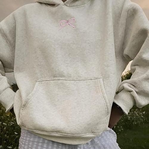 Cute Embroidered Bow Hoodies for Teen Girls Valentines Hoodie for Women Long Sleeve Sweatshirts Y2k Preppy Clothes thumbnail 3