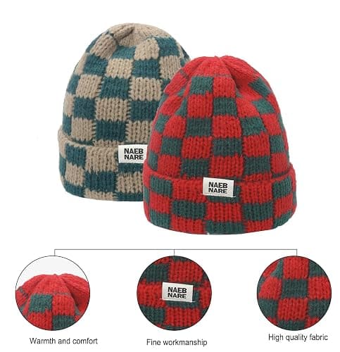 Cuffed Knit Beanie Hats for Women Checkerboard Plaid Womens Hat Y2K Stretch Winter Beanies Skull Cap Warm Ski Caps thumbnail 3
