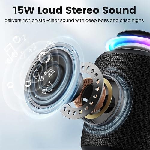 Bluetooth Speaker Wireless,IP67 Waterproof & Dustproof Portable Speaker with Lights,15W Loud Stereo Sound, 2500mAh Battery All Day Playtime, TWS Pairing, BT5.3, Home/Party/Outdoor/Beach (Black) thumbnail 2