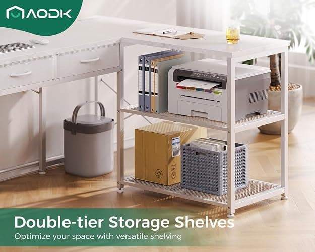 AODK 53 Inch L Shaped Computer Desk with Drawers, Corner Desk with Power Outlets & Reversible Storage Shelves, for Home Office Gaming, White thumbnail 5