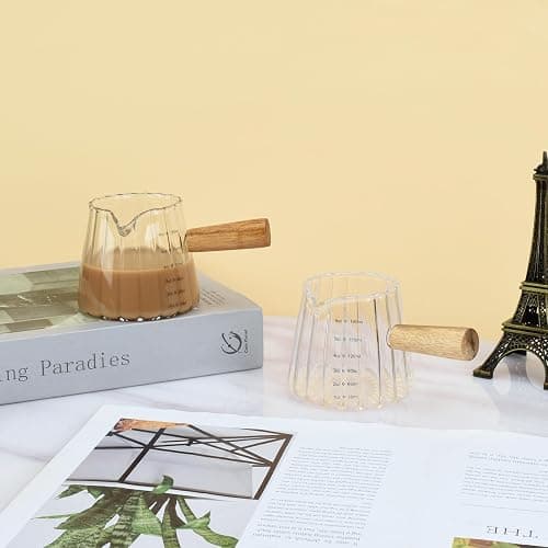 Denovin 2Pcs Glass Measuring Cup, 6oz Creamer Pitcher with Wood Handle, Creative Milk Frothing Pitcher Creamer Shot Glass (2-Transparent) thumbnail 7