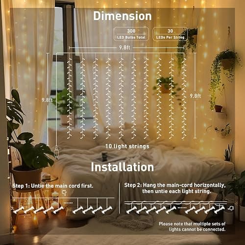 JMEXSUSS 300 LED Remote Control Christmas Curtain Lights, Plug in Fairy Curtain Lights Outdoor, Window Wall Hanging String Lights for Bedroom Backdrop Wedding Party Indoor Patio Xmas Decor, Warm White thumbnail 8