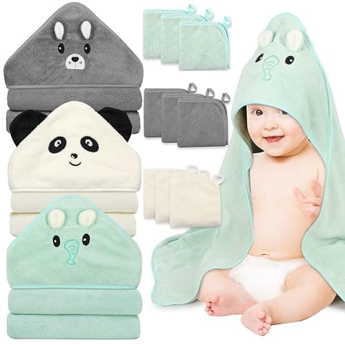 Sublaga 12 PCS Baby Towels, 3 PCS Soft Hooded Baby Towels & 9 PCS Washcloths, Baby Bath Towels for Newborns, Infants & Toddlers- Ultra Absorbent, Cute Baby Towel Gift for Boys & Girls - Image 1