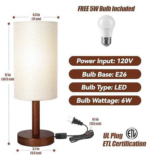 Small Table Lamp for Bedroom, Nightstand Lamp Linen Lampshade Bedroom Wood Base Small Bedside Lamp for Night Stands, Desk Lamps for Reading Living Room, Office (LED Bulb Included) (Black-Walnut Wood) thumbnail 7
