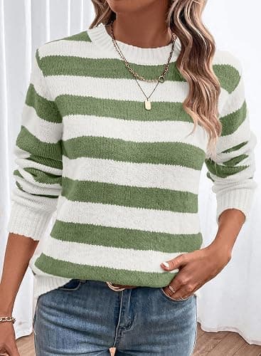 Dokotoo Sweaters for Women 2025 Crewneck Striped Cute Color Block Fall Winter Knitted Pullover Tops thumbnail 2