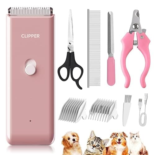 Founouly Pink Dog Cat Clippers, Home Professional Cordless Cat Grooming Tools for Dog Thick Coat Clippers, Low Noise Pet Hair Trimmer Kits with 9-Pieces - Image 1