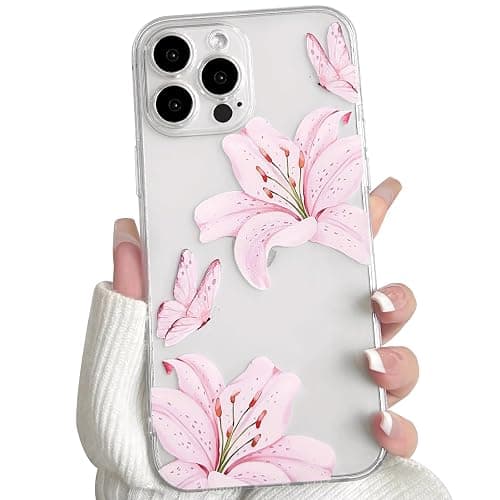 NITITOP Compatible for iPhone 16 Pro Case Cute Clear Flower - Pink | Butterfly Lily Floral, for Girls Women, Girly, Aesthetic, Soft TPU, Full Camera Lens, Protective, Shockproof Phone Cover - Image 1