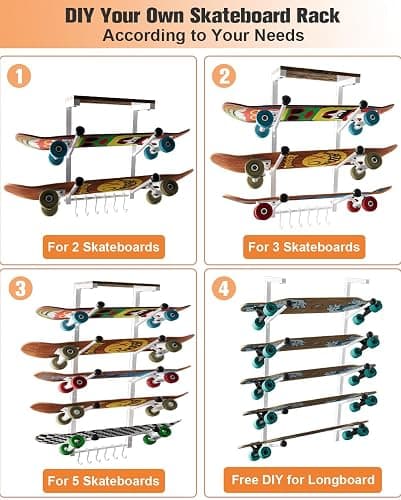 Koutemie Skateboard Rack Wall Mount with Five-Layer Skate Board Stand for Storage Longboard Deck Organizer, Skateboard Wall Display Hanger Holder with 6 Hooks for Home or Garage thumbnail 6