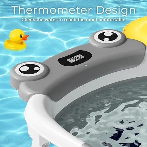 Baby Bathtub, Collapsible Newborn Bathtub for Infant to Toddler 0-24 Months with Soft Cushion and Thermometer,Portable Travel Newborn Tub with No-Slip Feet, Baby Shower Gifts,Grey thumbnail 4