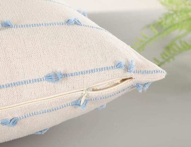 NUYECY Set of 2 Boho Lumbar Throw Pillow Covers 12x20,Light Blue Neutral Couch Pillow Case with Tassel Fringe Decorative,Modern Accent Farmhouse Cushion Covers for Sofa Couch Bed Living Room thumbnail 4