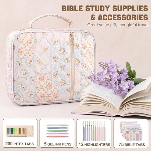 KOUDGY Bible Cover Case for Women Large Quilted Bible Carrying Bag with Handles Bible Study Supplies & Accessories Christian Gifts for Women(Spliced Flower, M) thumbnail 4