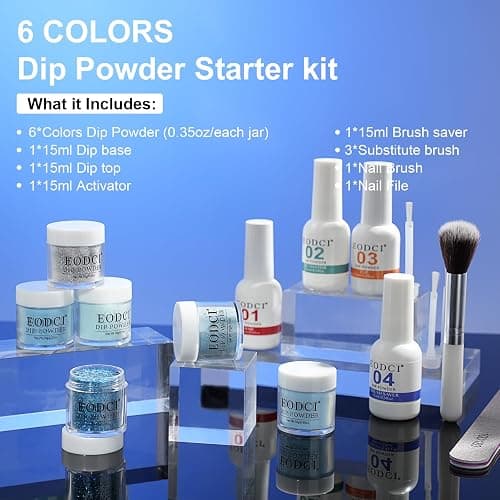 Eodci 12 Pcs Dip Powder Nail Kit Starter, 6 Colors Glitter Blue Snow Dipping Powder Kit With Base & Top Coat/Activator/Brush Saver, Nail Art Manicure Salon DIY for Daily at Home Party Gifts for Women thumbnail 6