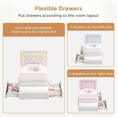 Twin Bed Frame with Storage Drawers and LED Lights, Velvet Upholstered Platform Bed with Diamond Headboard and Charging Station for Kids/Girls, Solid Wood Slats Support, No Box Spring Needed, Beige thumbnail 8