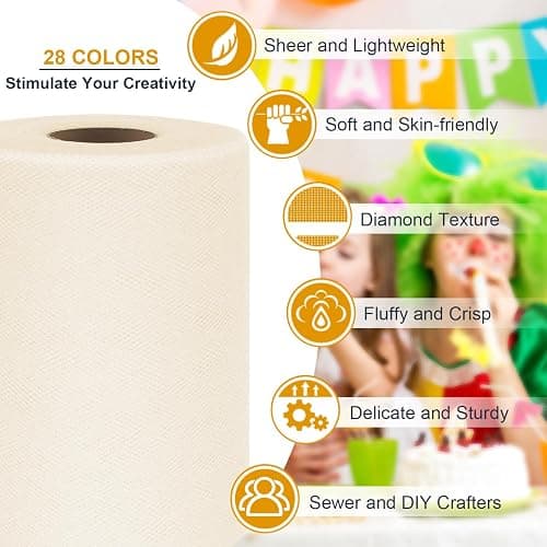 Ivory Tulle Fabric Roll 6 Inch by 100 Yards (300 ft) Tulle Ribbon Sheer Mesh Netting for DIY Tutu Skirt Gift Wrapping Wedding Baby Shower Birthday Halloween Party Decorations Crafts, 34 Colors (Ivory) thumbnail 3