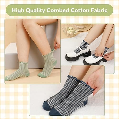 GGSTDDUP 6 Pairs Women Ruffle Socks Striped Frilly Socks, Women Cute Socks Checkered Socks Ankle Socks for Women Cotton Knit Casual Crew Socks Size 5-9 thumbnail 6
