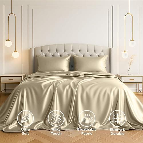 Satin Sheets Queen [4-Piece, Champagne Gold] Hotel Luxury Silky Bed Sheets - Extra Soft 1800 Microfiber Sheet Set, Wrinkle, Fade, Stain Resistant - Deep Pocket Fitted Sheet, Flat Sheet, Pillow Cases thumbnail 2