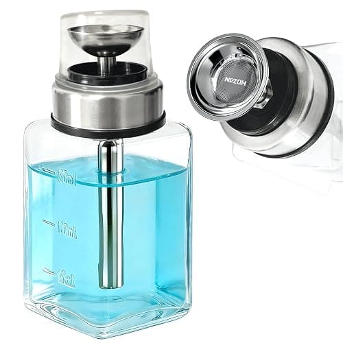 ffresiss Acetone Pump Dispenser with Transparent Lid, Alcohol Dispenser Push Down Metal Pump Glass Bottle, Nail Polish Remover Liquid Pump Hand Pumping Rubbing Press Container 6oz Small Pump Bottle - Image 1