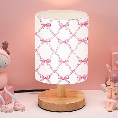 VIHOSE Coquette Bow Table Lamp for Kids Pink Bow Bedside Lamp for Bedroom Wooden Nightstand Cartoon Nursery Decoration Lampshade for Girls Boys Living Room - Image 1