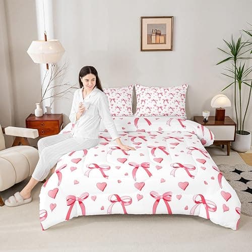 meiyoeat Cute Red Bow Comforter Set Twin Size Kids Bowknot Heart Bedding Set Gift for Girls Women Duvet Insert Breathable Quilt Bedroom Decor,1 Comforter with 1 Pillowcase thumbnail 7