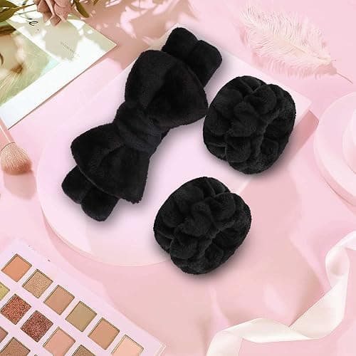 WSYUB Makeup Headbands, 1pcs Black Spa Headband Fluffy Bow Tie Headband Microfiber Face, and 2Pcs Wrist Spa Wash Band Absorbent Wristbands, for Washing Face Skin Care thumbnail 7