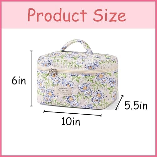 uekeboag Large Travel Quilted Makeup Bag for Women, Floral Cotton Cosmetic Bag, Coquette Aesthetic Floral Toiletry Organizer Bag thumbnail 2