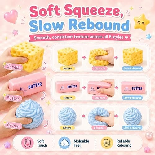 6 Pack Crunchy Squishy Squeeze Stress Squishies Ball Asmr Bead Filled | Butter Peanut Pudding Cream Cheese Potato Asmr Filled, Squeeze Stress Ball Rebound Calming Desk Decor Moldable Adults thumbnail 4