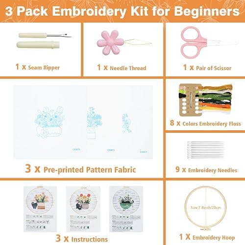 RidaaFri Embroidery Kit for Beginners, Set of 3 Stamped DIY Kits with Cat, Floral, Plant Patterns for Adults, Includes Hoop, Needles, Floss, Step-by-Step Video Tutorial, Complete Sewing Craft Supplies thumbnail 4