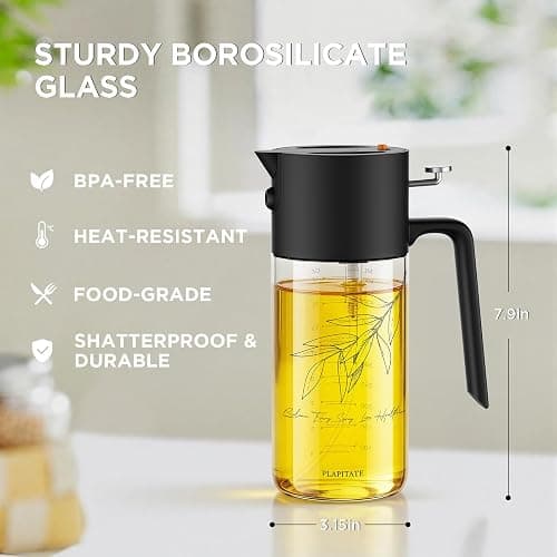 PLAPITATE 17oz/500ml Premium Olive Oil Sprayer for Cooking, 2 in 1 Glass Olive Oil Dispenser Bottle for Kitchen Gadgets, Spray Bottle with Portion Control for Salad, Frying, BBQ (Black) thumbnail 2