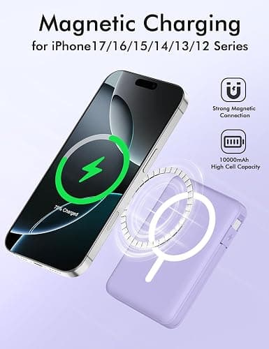 podoru for Magsafe Battery Pack, 10000mAh Magnetic Power Bank Built-in Double USB C Cables 20W PD Fast Charging LED Display Wireless Portable Charger for iPhone 17/16/15/14/13/12 Series-Purple thumbnail 5