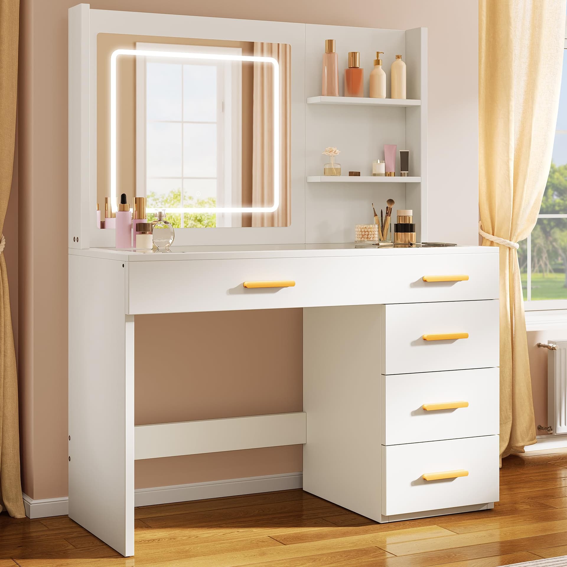 YITAHOME Makeup Table with Lighting, Dressing Table with Mirror, Dressing Table with Stool, Colours with Adjustable Brightness, Dressing Table with 5 Drawers, Open Compartments, Vanity Table, White thumbnail 4