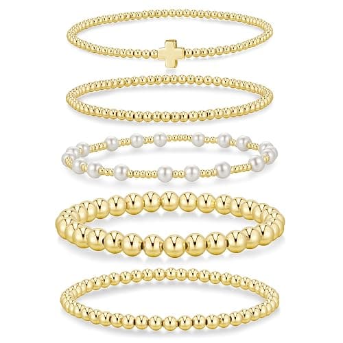 Yoosteel Easter Gifts Basket Stuffers Easter Gold Bracelet - 14k Gold Plated Beaded Bracelets Set for Women Dainty Round Bead Ball Pearl Cross Bracelet Stack for Women Teenage Girl Jewelry - Image 1