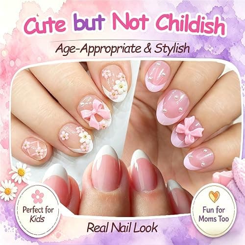72pcs Press on Nails for Kids, French Tip Nails with Pearls, Bows, Flowers | Kids Press on Nails for 8-12, 12 Size, Non-Toxic, Fashion Nail Kit with Adhesive Tabs, Nail File, for Christmas, Birthday thumbnail 6