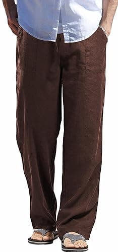 AITFINEISM Men's Casual Cotton Linen Pants Elastic Waist Lightweight Drawstring Summer Pants - Image 1