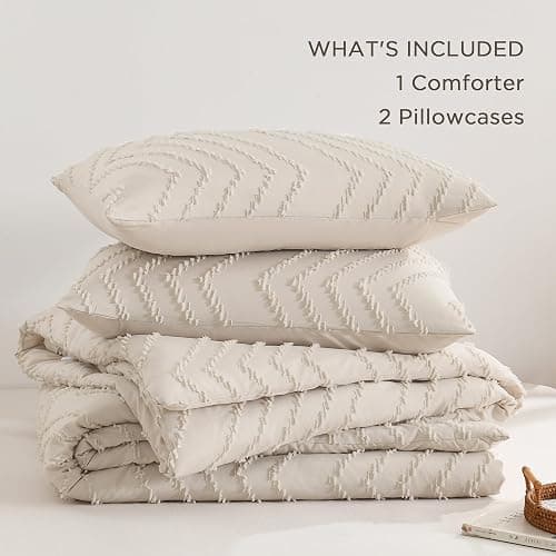 Andency Comforter Full Size Set, Beige Boho Cream Soft Warm Tufted Neutral Bedding Comforter Sets for Full Size Bed, 3 Pieces Aesthetic Chevron Farmhouse Cute Bohemian Textured Bedding Set thumbnail 7