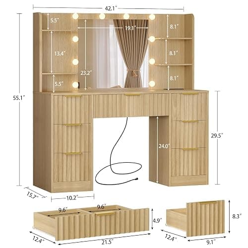 FIONESO Fluted Vanity Desk with Mirror and Adjustable LED Lights & Power Outlet, Makeup Vanity Desk with 7 Drawers,4 Shelves and 5 Hooks, Vanity for Girls, Natural Oak thumbnail 2