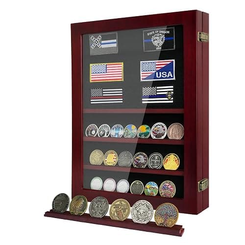 ASmileIndeep Military Challenge Coin Display Case 6 Rows Wooden Army Coin Holder with HD Tempered Glass Lockable Coin Wall Dsplay Box with Removable Shelves, Red - Image 1