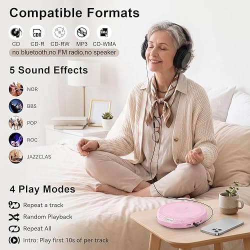 Gueray CD Player Portable with Earphones, CD Discman AUX Cable for Car Home | Personal Discman CD player,PROG memory, CD-R/RW MP3/WMA, Anti-skip shockproof protection, A-B repeat,LCD display thumbnail 2