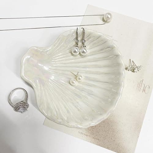 Ring Dish Shell Shape Ceramic Jewelry Dish Tray, Decorative Trinket Dish Organizing Rings Earrings Necklaces Keys for Mom Friend Sister, 3.9", White Iridescent Surface thumbnail 6