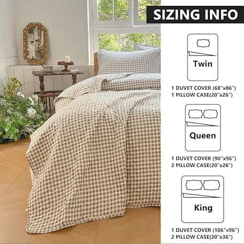 Tan Gingham Queen Quilt Set, Soft Pre-washed Microfiber Taupe Plaid Queen Bedspread, Lightweight Checked Summer Quilt, Grid Bedding Coverlets for All Seasons (Includes 1 Quilt, 2 Pillow Shams) thumbnail 8