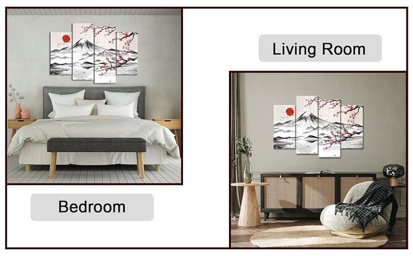 LyerArtork 4 Panel Japanese Ink Painting Wall Art Mount Fuji with Moon Pictures Wall Decor Cherry Blossom Canvas Print Japan Traditional Artwork for Living Room Bedroom Decoration thumbnail 8