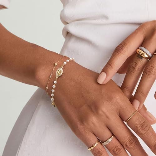 Gold Rosary Bead Cross Bracelet - 14k Gold Plated Virgin Mary Bracelets,Non Tarnish Golden Religious Rosarios Catolicos Virgen de Guadalupe Jewelry,Catholic Confirmation Baptism Gifts for Women thumbnail 3