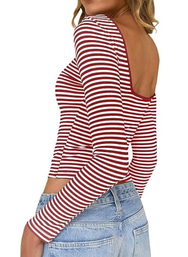 Falechay Long Sleeve Shirts for Women Backless Y2K Striped Sexy Crop Tops | Going Out Outfits, Boat Neck, Dressy Casual, Stretchy, Slim Fit T-Shirts, Butter Soft, Party, Vacation, Cute, Trendy 2026 - Image 1