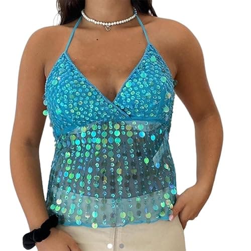 Women Y2K Sequin Cami Top Pearl Rhinestone Sleeveless Tank Top Sparkle Glitter Backless Crop Top Going Out - Image 1