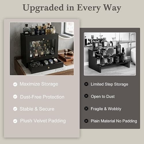 Vellabliss Cologne Organizer for Men, Large Capacity Solid Wood Perfume Organizer with Dustproof Acrylic Door and Drawer Storage, Display Cologne Stand for Dresser, Ideal Gift for Men thumbnail 4
