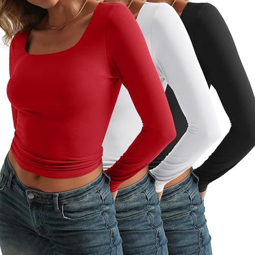 AUTOMET 3 Pack Womens Long Sleeve Shirts Fall Fashion Scoop Neck Crop Tops Basic Layer Slim Fit Y2K Clothes thumbnail 3