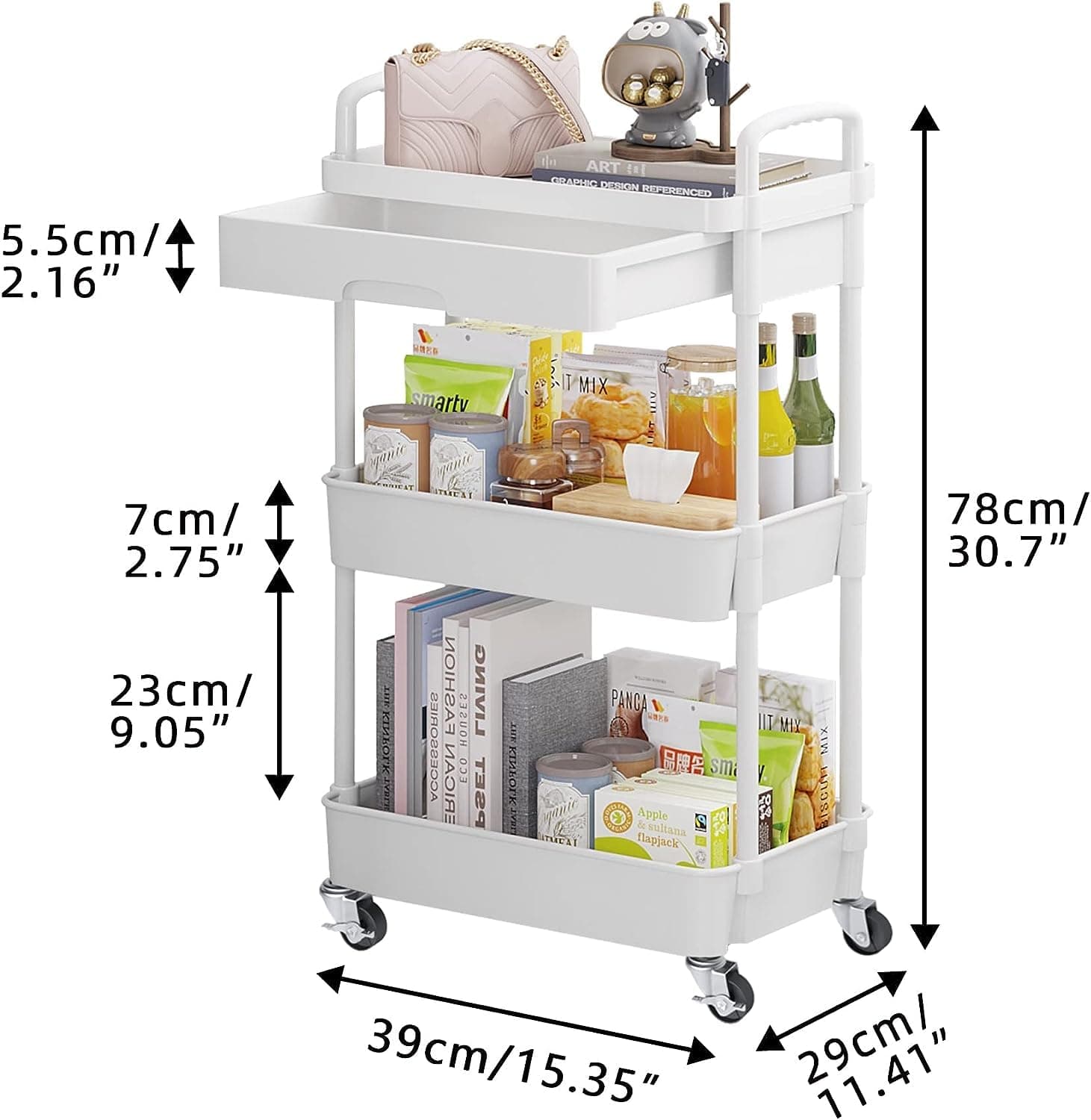 3-Tier Rolling Utility Cart with Drawer,Multifunctional Storage Organizer with Plastic Shelf & Metal Wheels,Storage Cart for Kitchen,Bathroom,Living Room,Office, (White-3Tier) thumbnail 2