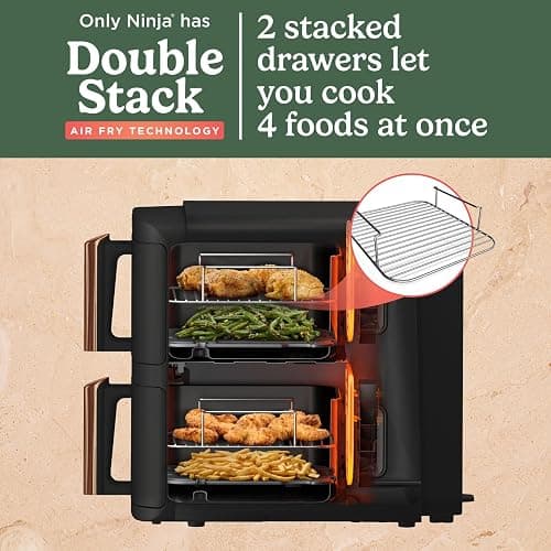 Ninja Double Stack XL Air Fryer, Vertical Dual Drawer Air Fryer with 4 cooking levels, 2 Drawers & 2 Racks, Space Saving Design, 9.5L Capacity, 6 Functions, 8 Portions, Tongs, Black/Copper SL400UKCP thumbnail 4