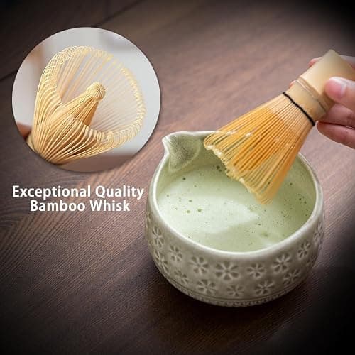 Buucup Matcha Whisk Set, Ceramic Matcha Kit Set Includes Matcha Bowl, Matcha Whisk and Holder, Bamboo Scoop, Scoop Rest, Sifter and Tea Towel - 7 Pcs Matcha Kit for Matcha Lovers (Mottled Green) thumbnail 6