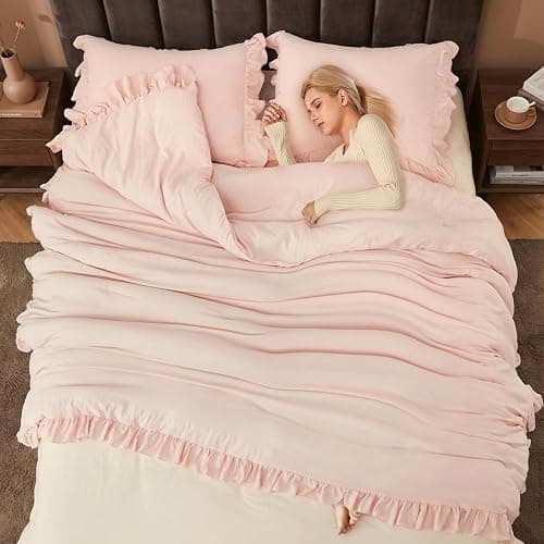 CAROMIO Pink Ruffled Comforter Set Queen Size, 3PCS Soft Washed Microfiber Lightweight & Fluffy All-Season Bedding Comforter with Vintage French Country Style, Pink, 90x90 in thumbnail 7