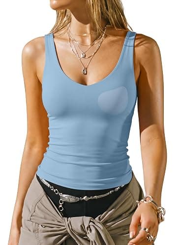 Darong V Neck Tank Tops for Women with Built in Bra | Doulbe lined material, Slim fit, Backless, Yoga wear, Basic sleeveless tees - Image 1